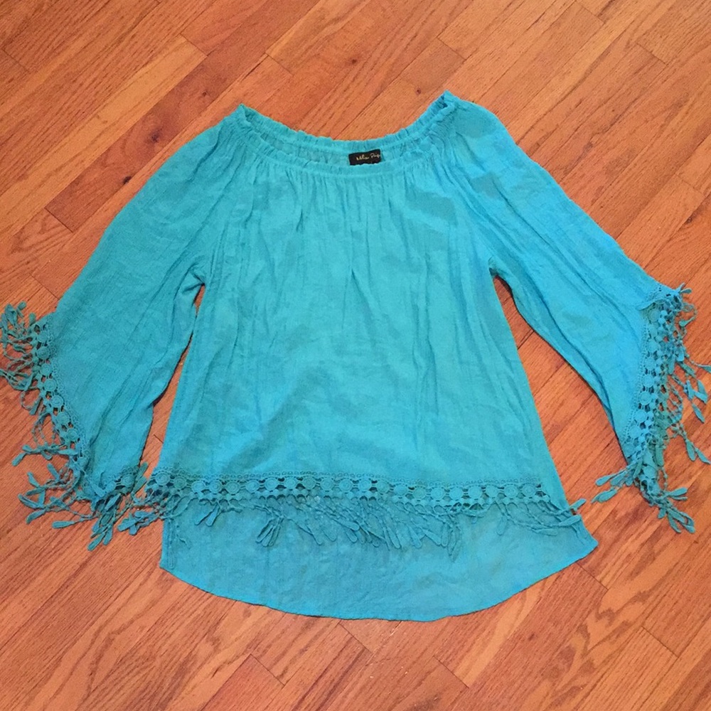 Turquoise blouse with beaded fringe